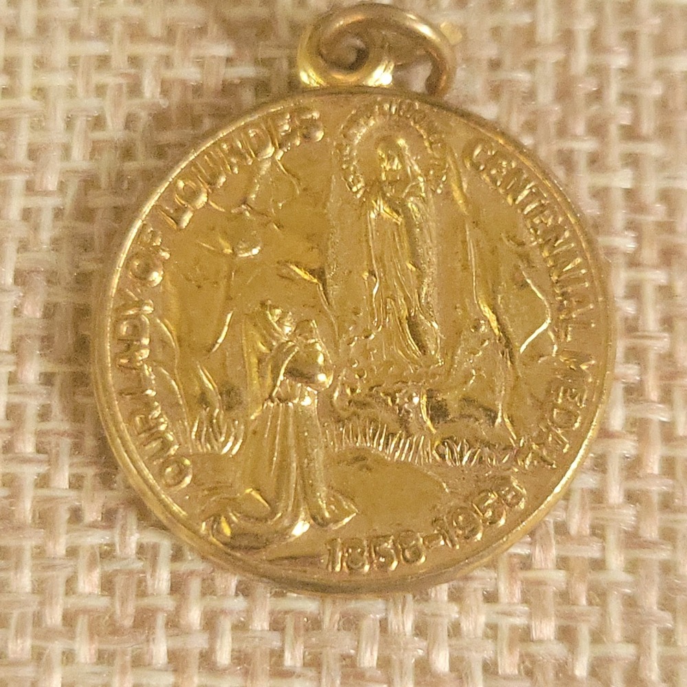 Vintage Our Lady of Lourdes Centennial Medal Pendant St Bernadette Gold 0.75in